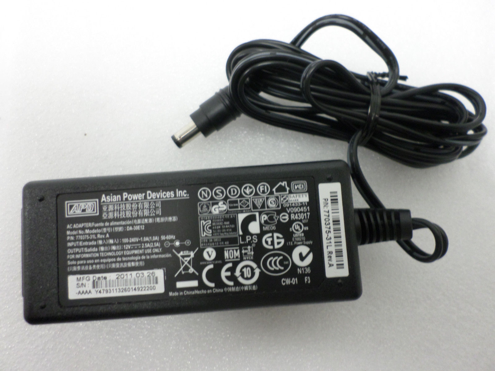 *100% Brand NEW* APD 12V 2.5A 100-240V 1.0A for Model DA-30E12 AC Power Adapter Charger